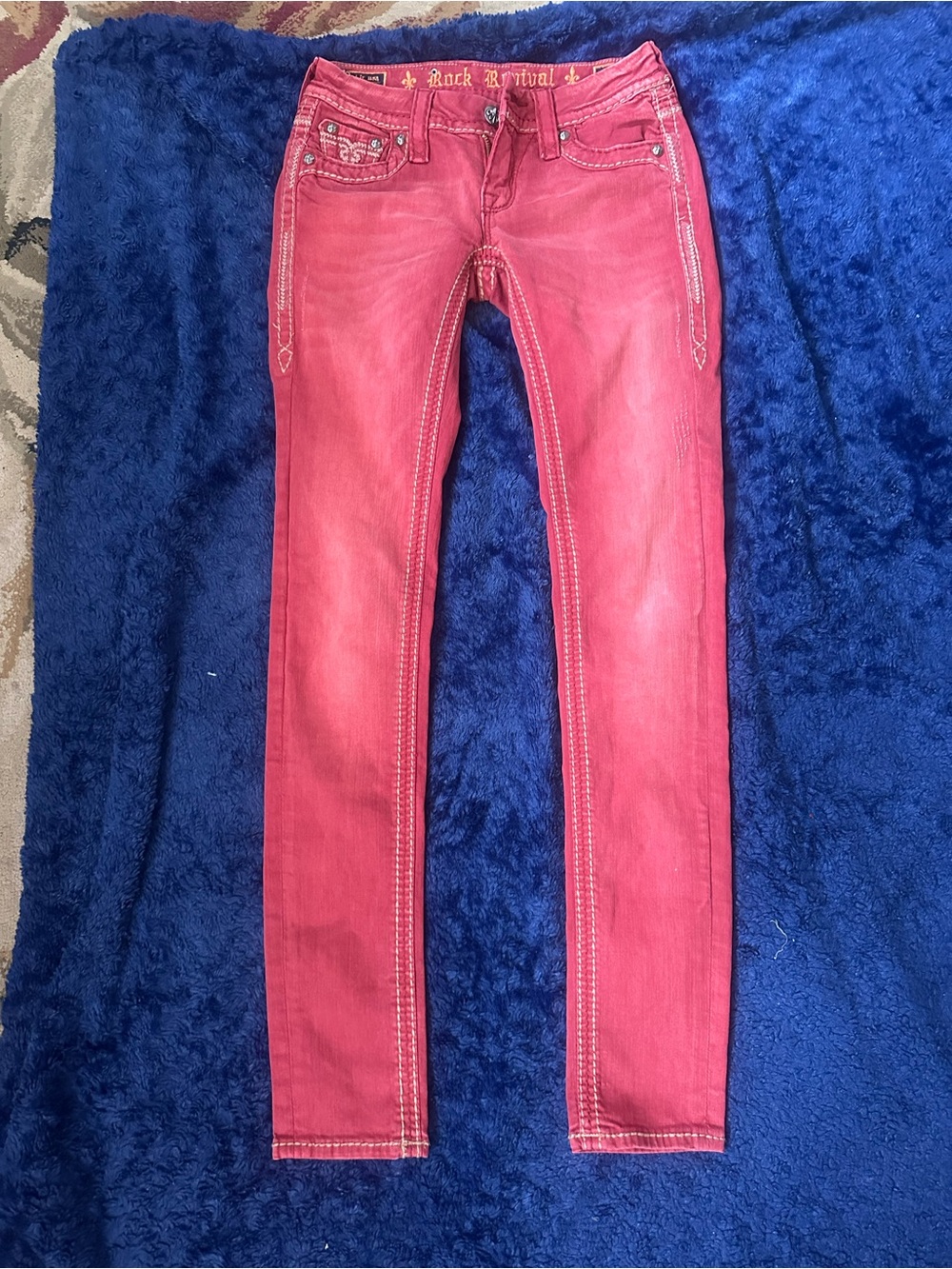 Rock Revival Skinny Jeans in Vibrant Red with Contrast Stitching